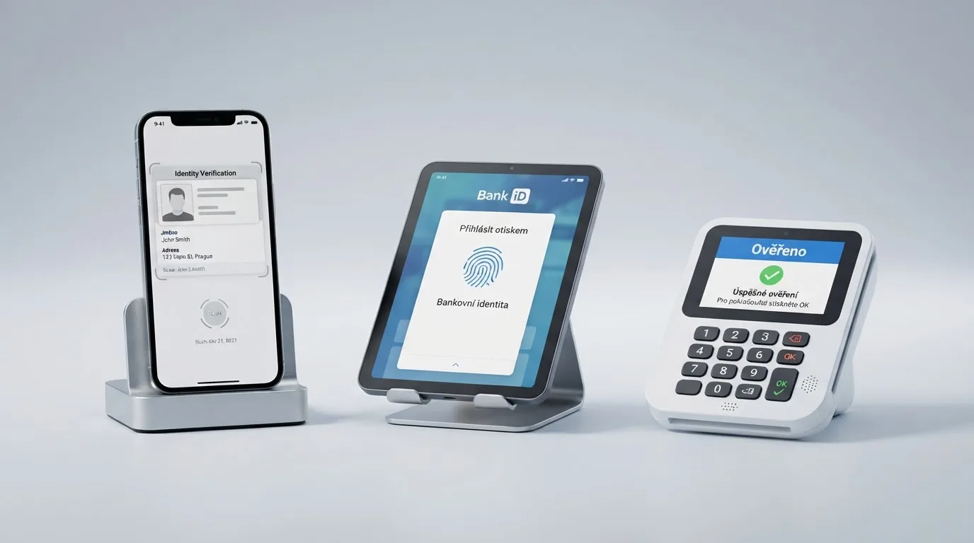 Srovnání tří metod ověření: mobil s občanským průkazem, přihlášení přes Bank iD a obrazovka Czech POINT