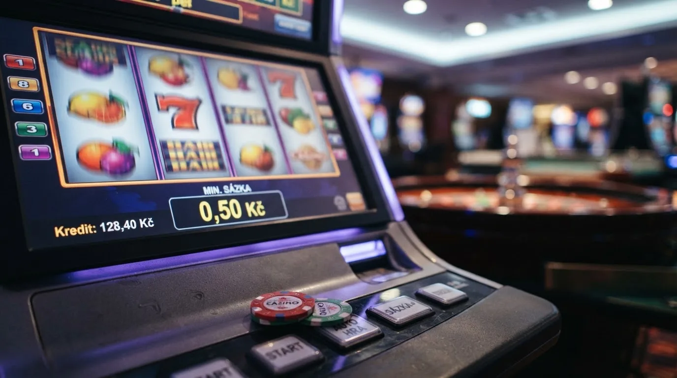 Detail rulety s nízkými sázkami, vedle ní automat s jasně viditelnou minimální sázkou 0,50 Kč