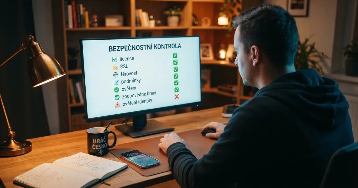 Český hráč u počítače porovnávající seznam zahraničních online kasin s bezpečnostním checklistem na obrazovce