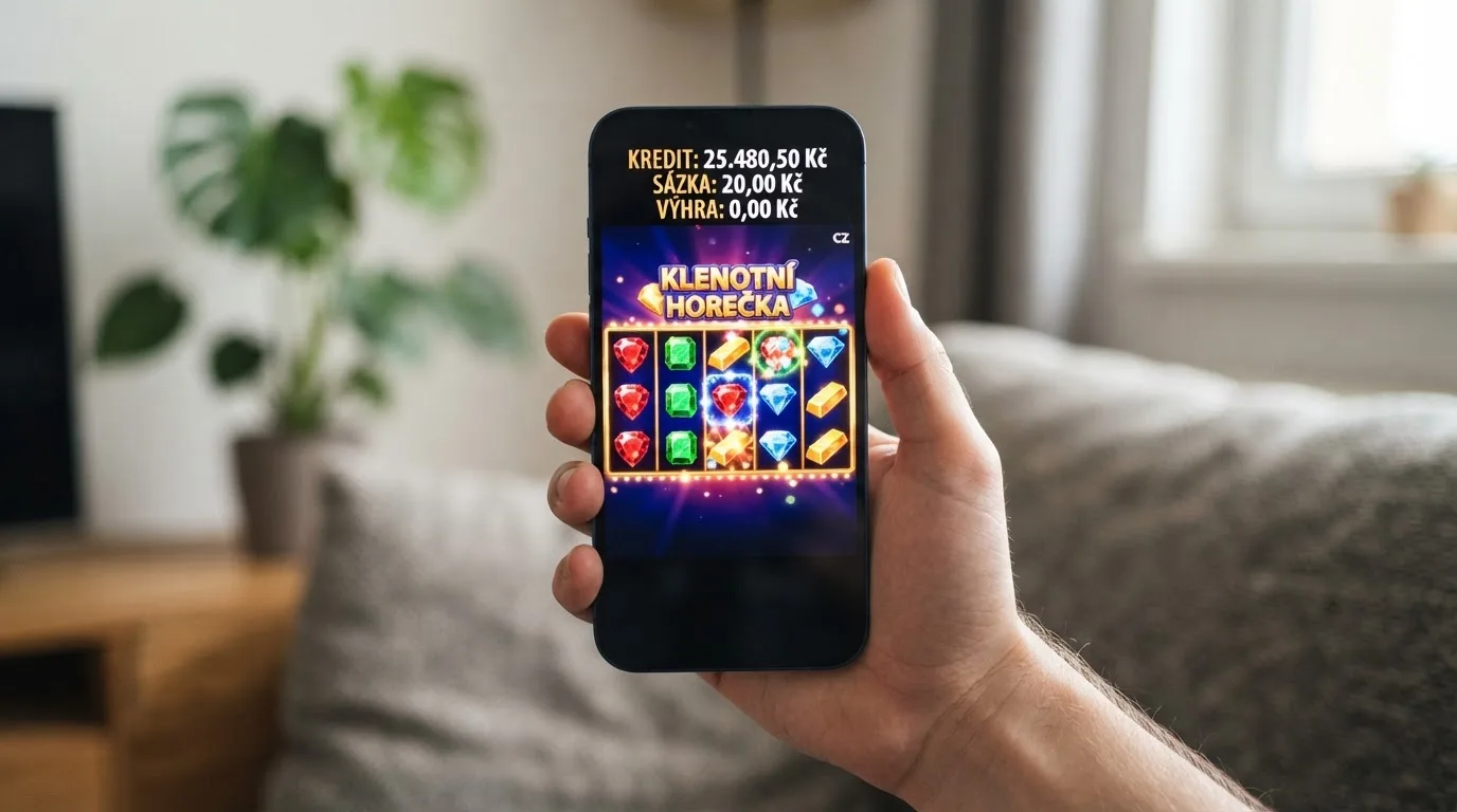 Mobilní telefon zobrazující výherní automat v casino aplikaci s ikonou stažení na domovské obrazovce