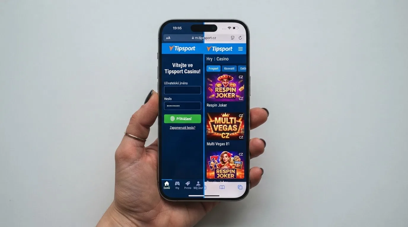 Displej telefonu zobrazující vedle sebe casino aplikaci a mobilní web