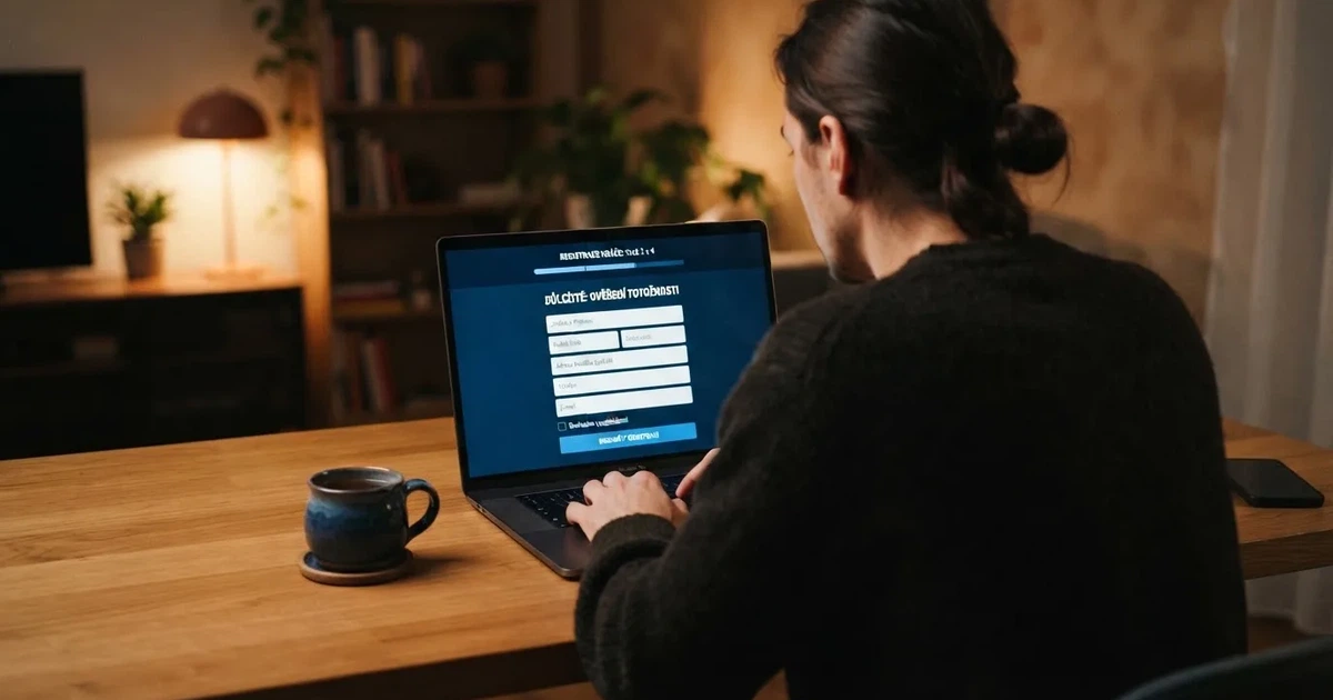 Hráč u počítače si prohlíží registrační formulář online casina s oznámením o povinném ověření totožnosti