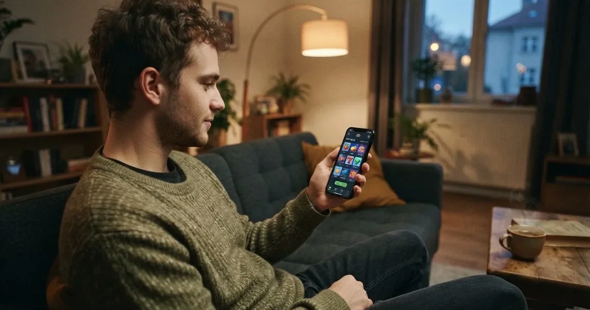 Hráč u mobilního telefonu prohlíží online casino s nízkým minimálním vkladem