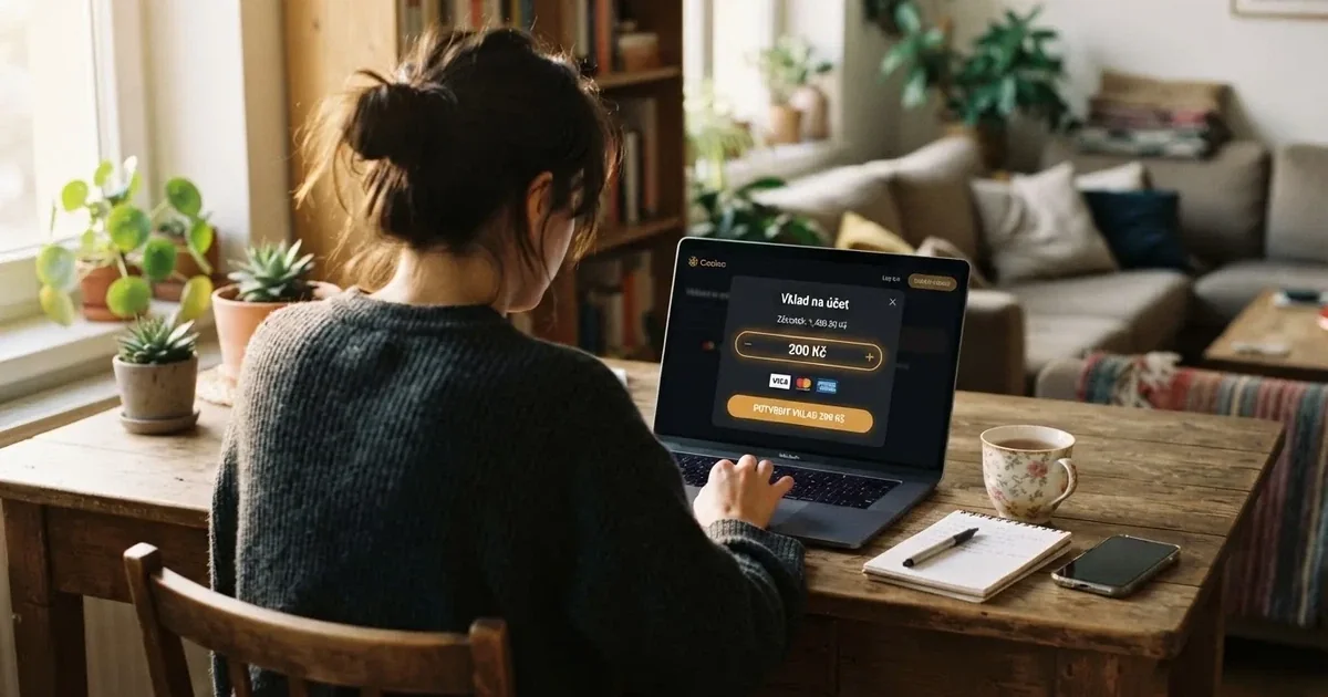 Hráč u notebooku si prohlíží platební obrazovku online casina a vybírá částku vkladu — na tlačítku svítí 200 Kč.
