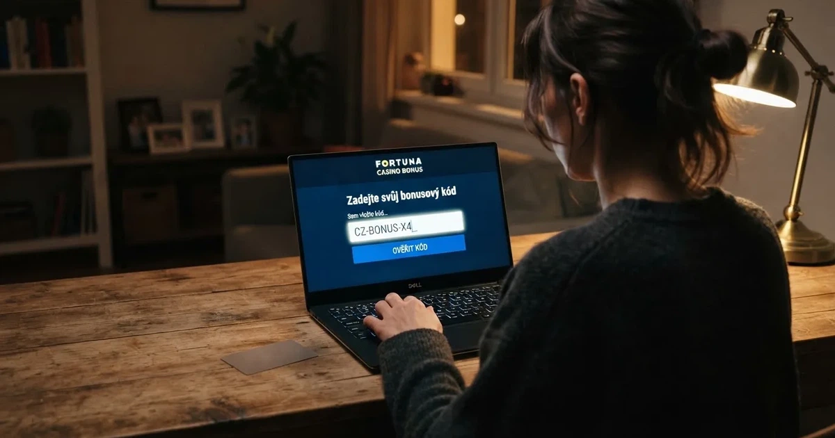 Hráč zadávající promo kód na obrazovce notebooku, vedle něj leží platební karta a na displeji je vidět pole pro bonusový kód v českém online casinu
