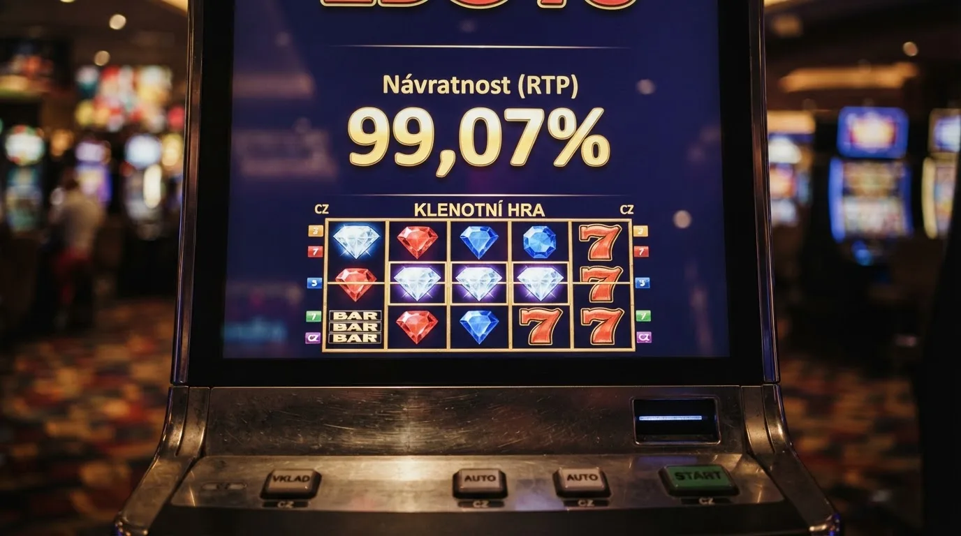Detailní záběr na displej výherního automatu s číslem RTP 99,07 % a názvem hry