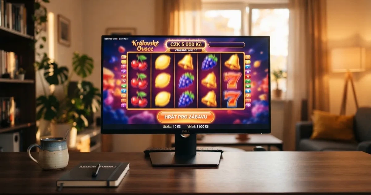 Rozhraní demo režimu online automatu s virtuálním kreditem a tlačítkem „Hrát pro zábavu“ na obrazovce počítače