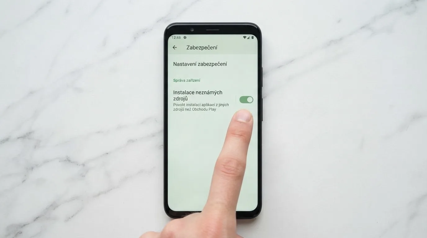 Mobilní telefon s obrazovkou nastavení Androidu a povolením instalace z neznámých zdrojů