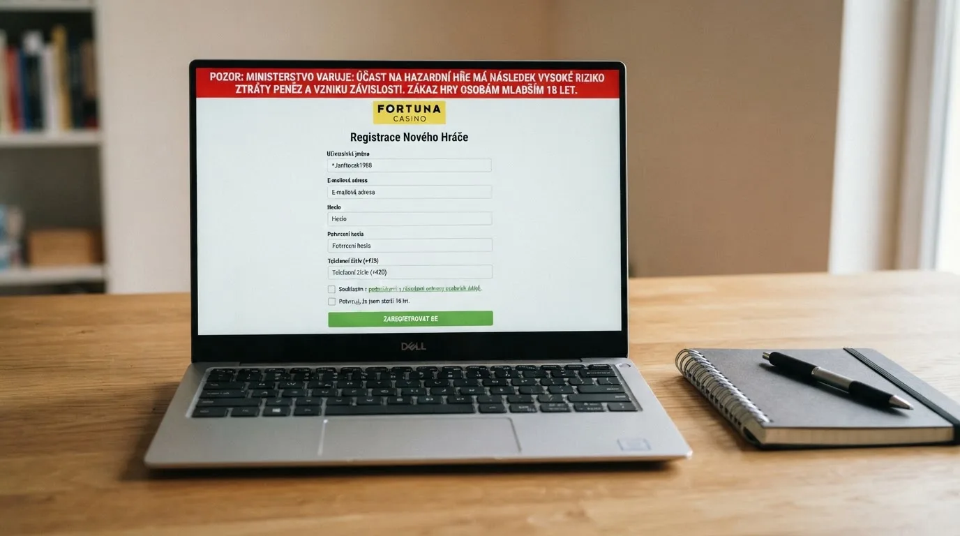 Úřední dokument s razítkem Ministerstva financí ČR ležící na stole vedle klávesnice, na obrazovce za ním běží online casino s viditelným varováním o zákazu hry do 18 let