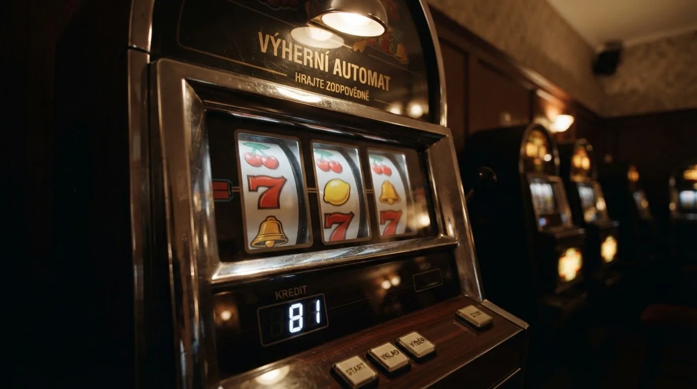 Čtveřice klasických ovocných automatů s třešněmi, citrony a sedmičkami na válcích ve stylu českých hospodských herních automatů