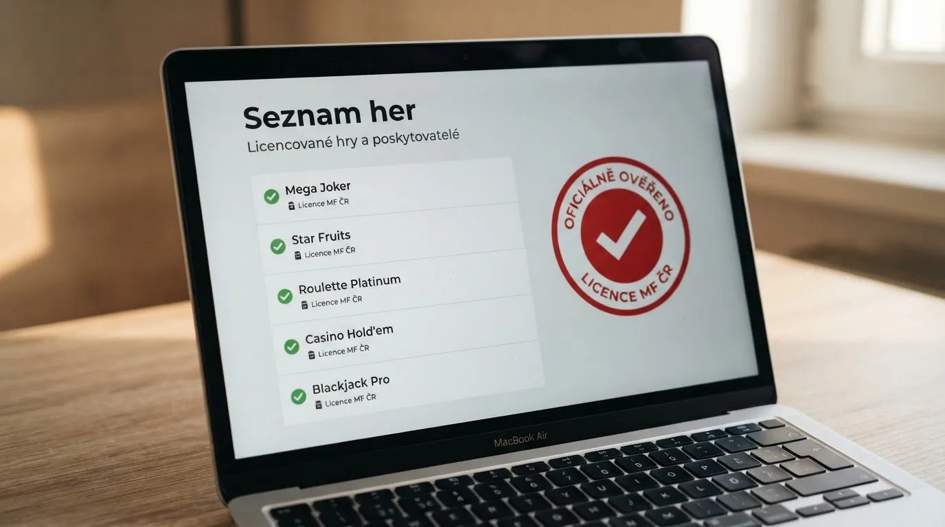 Úřední dokument s razítkem Ministerstva financí ČR vedle obrazovky s logy online casin