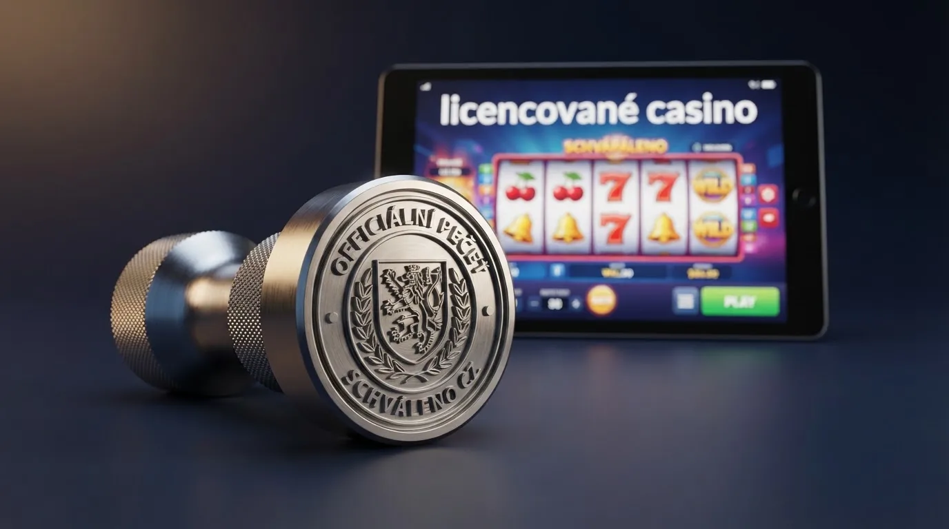 Pečeť Ministerstva financí ČR na pozadí obrazovky s online automatem a nápisem „licencované casino“.