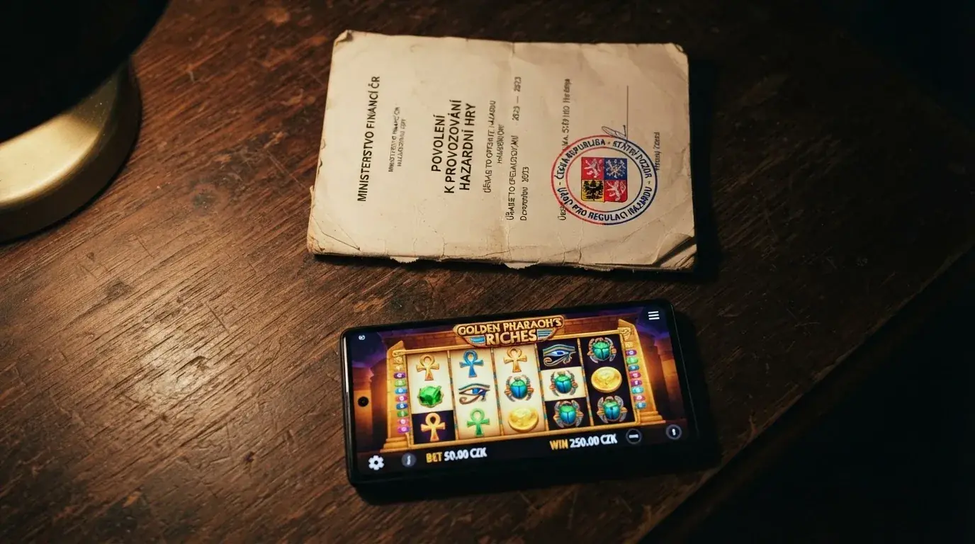 Úřední dokument s razítkem Ministerstva financí ČR položený vedle mobilu s otevřeným kasinem