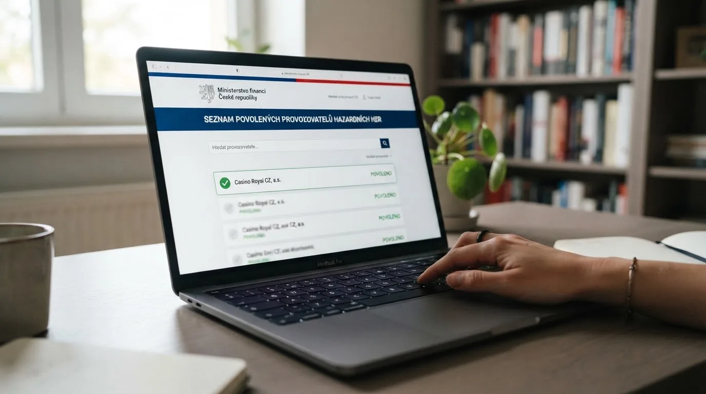 Úřední dokument s razítkem Ministerstva financí ČR, vedle logo .cz domény a nápis „Ověřeno proti Seznamu provozovatelů hazardních her“