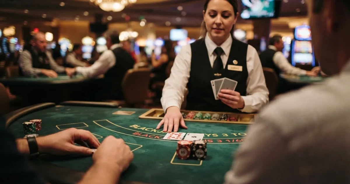 Krupiér rozdává karty u blackjackového stolu v živém kasinu, před ním rozložené karty a žetony