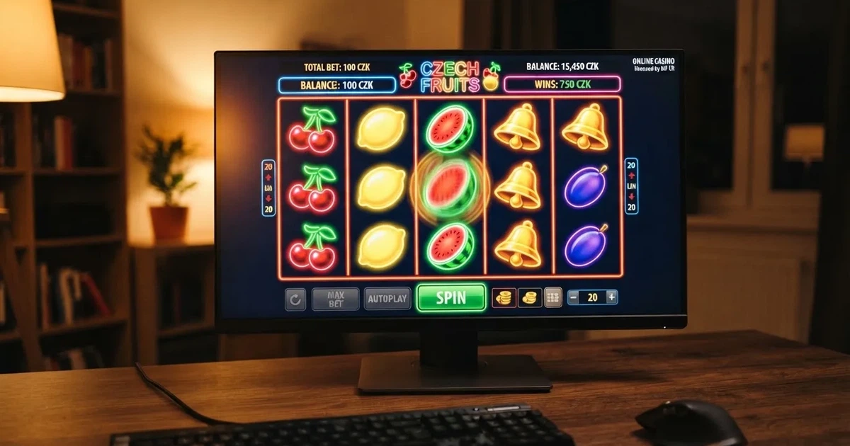 Barevný online výherní automat s roztočenými válci a ovoce-symboly na displeji počítače nebo mobilu