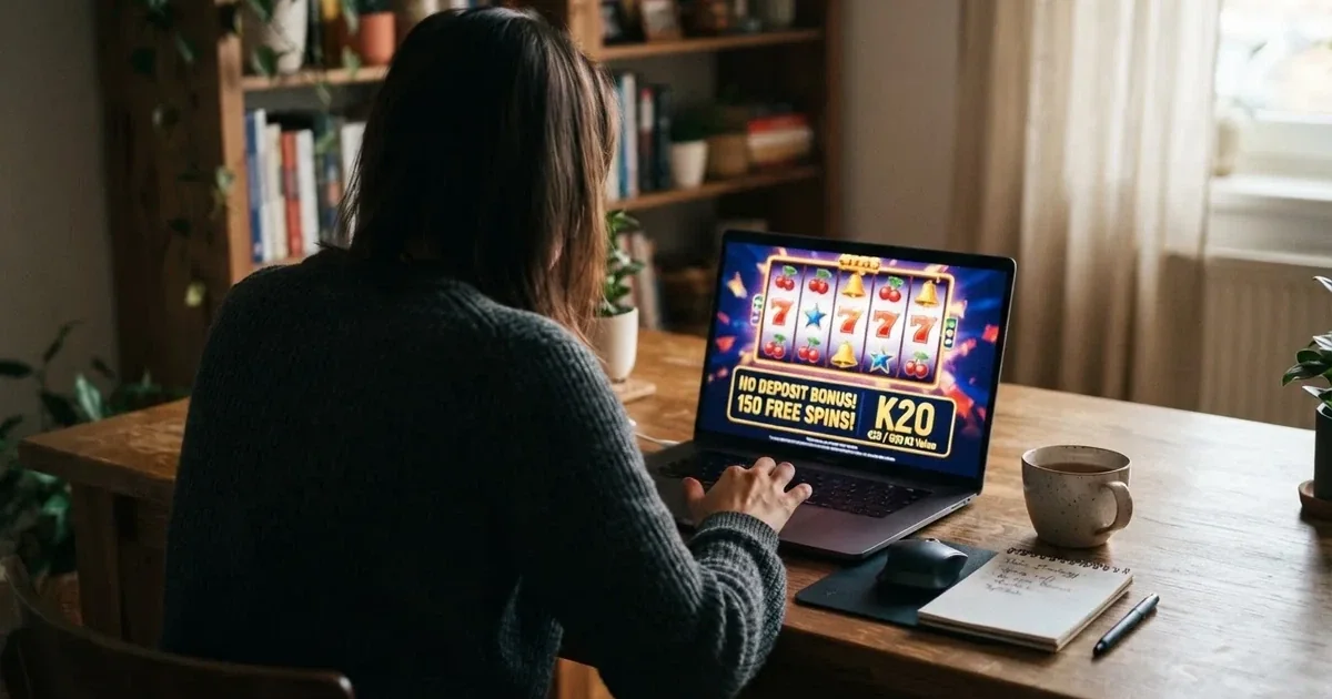 Hráč u notebooku prohlížející nabídku bonusů bez vkladu v online casinu, na obrazovce symboly free spinů a české koruny