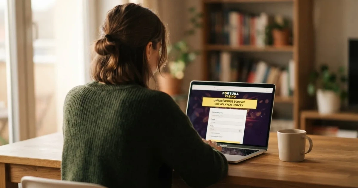 Hráč u notebooku si prohlíží nabídku registračních bonusů v českém online casinu, na obrazovce je vidět registrační formulář