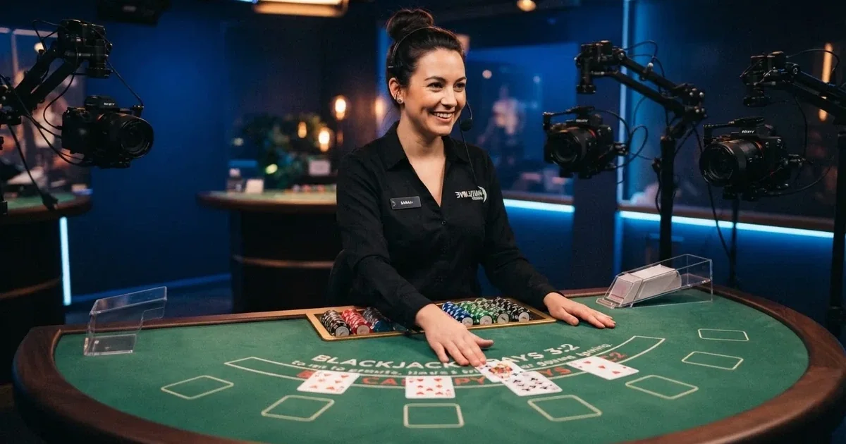 Živý krupiér u blackjackového stolu v online live casinu — kamery zabírají stůl z více úhlů, na stole žetony a karty