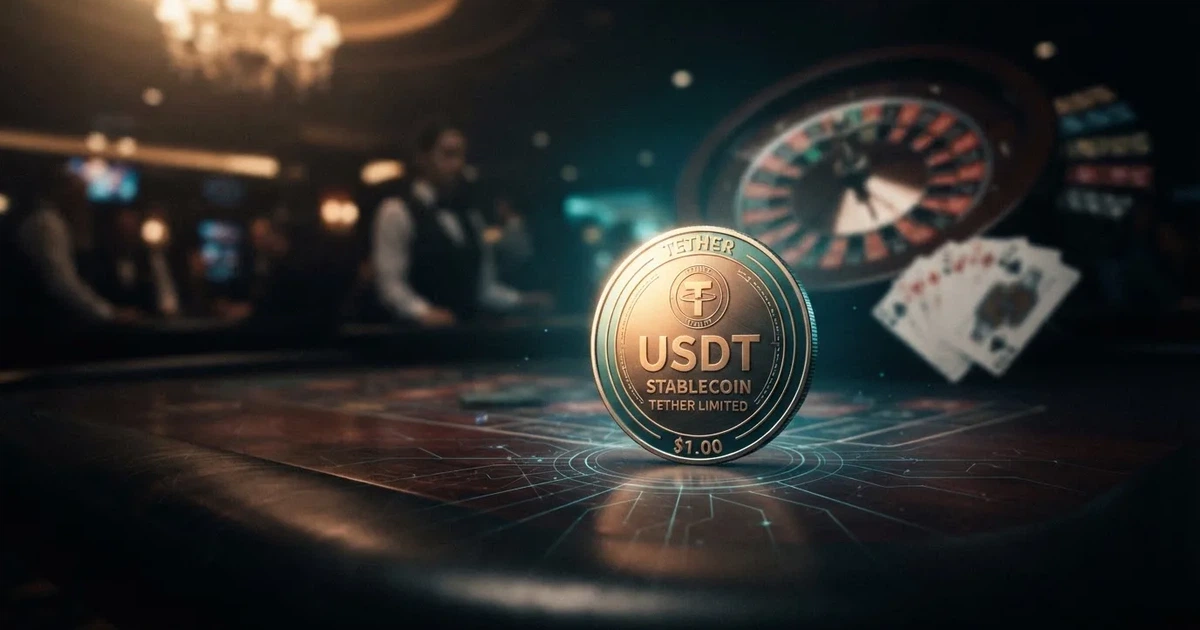 USDT token na digitálním pozadí s prvky kasina — ruleta, karty a blockchain motiv