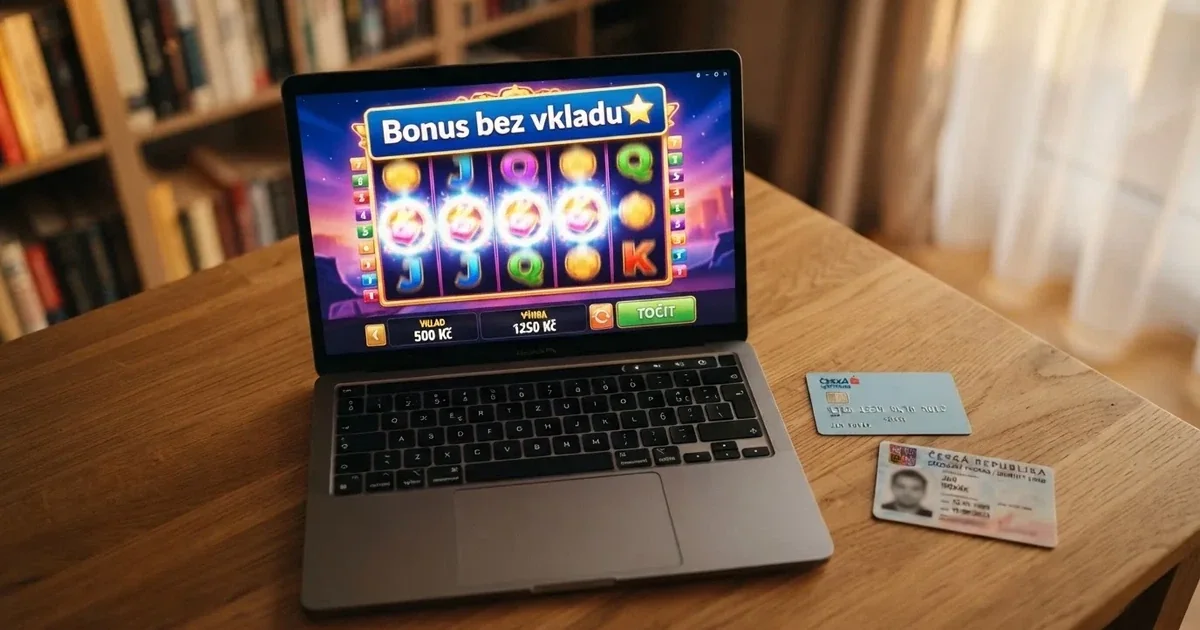 Rozhraní online casina s uvítací nabídkou bonusu bez vkladu na obrazovce notebooku, vedle něj česká platební karta a občanský průkaz