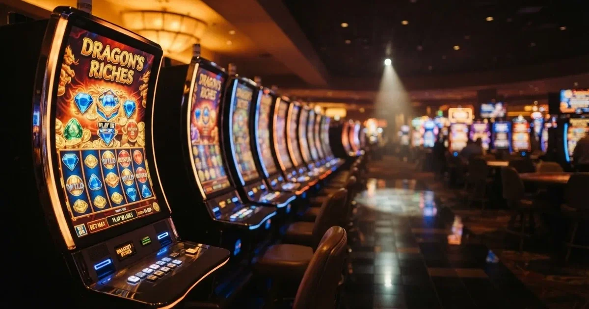 Řada výherních automatů v online casinu s barevnými displeji a světelnými panely