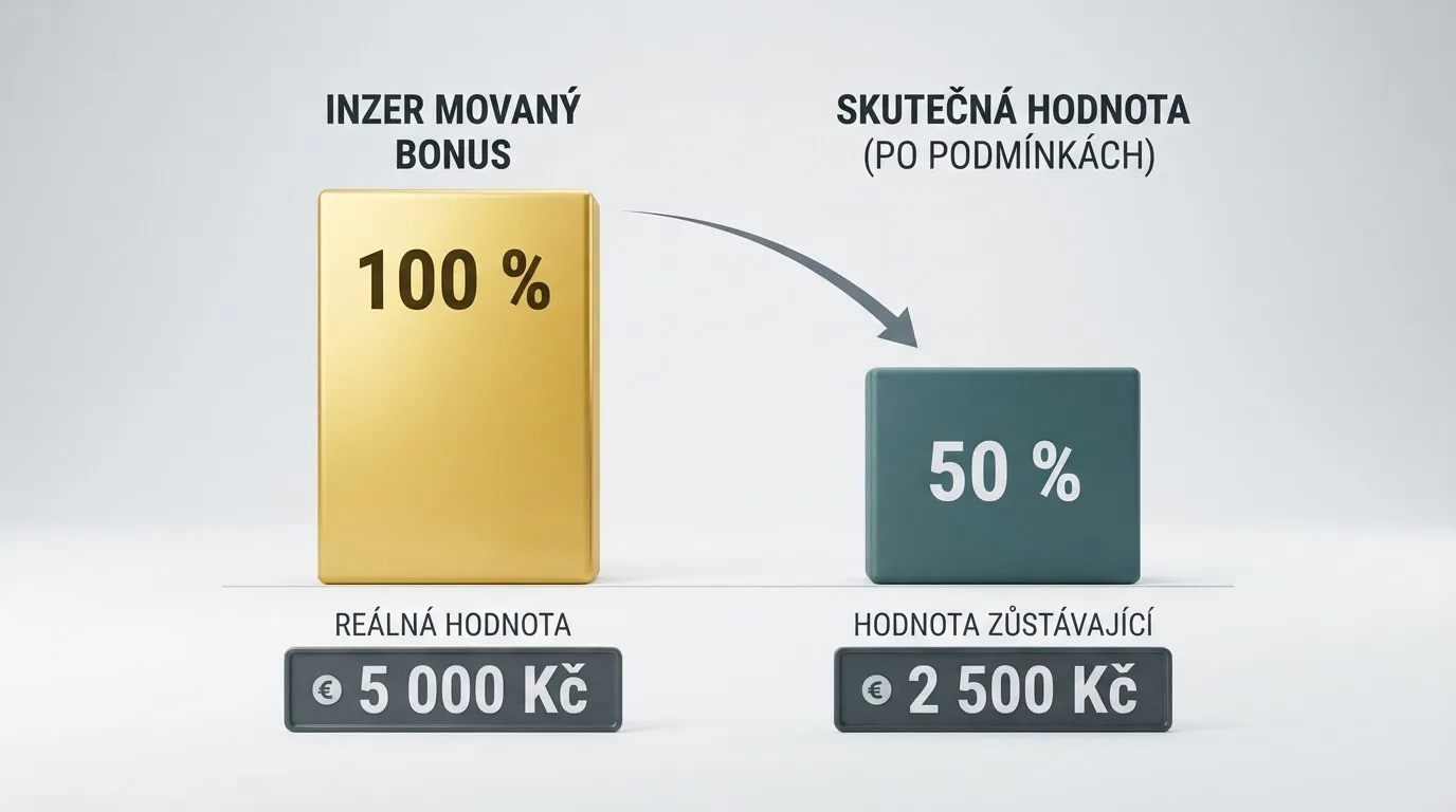 Grafické srovnání slibované výše bonusu a reálné hodnoty po započtení podmínek protočení
