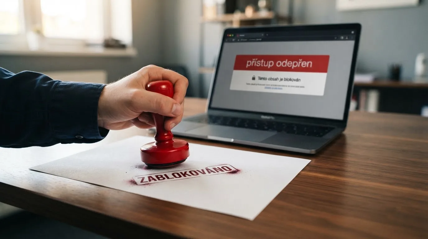 Úřední dokument s razítkem MF ČR vedle obrazovky s nápisem „blokováno“