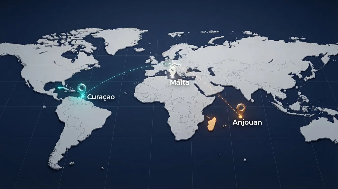 Mapa světa s vyznačenými licencemi: Curaçao, Anjouan a Malta — tři jurisdikce, pod kterými fungují ethereová kasina dostupná z Česka