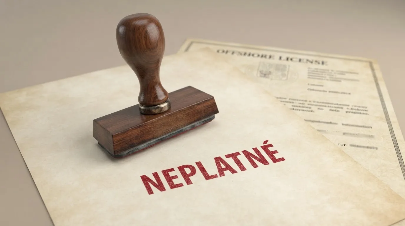 Razítko s nápisem „neplatné“ přes logo offshore herní licence na pozadí českého zákona