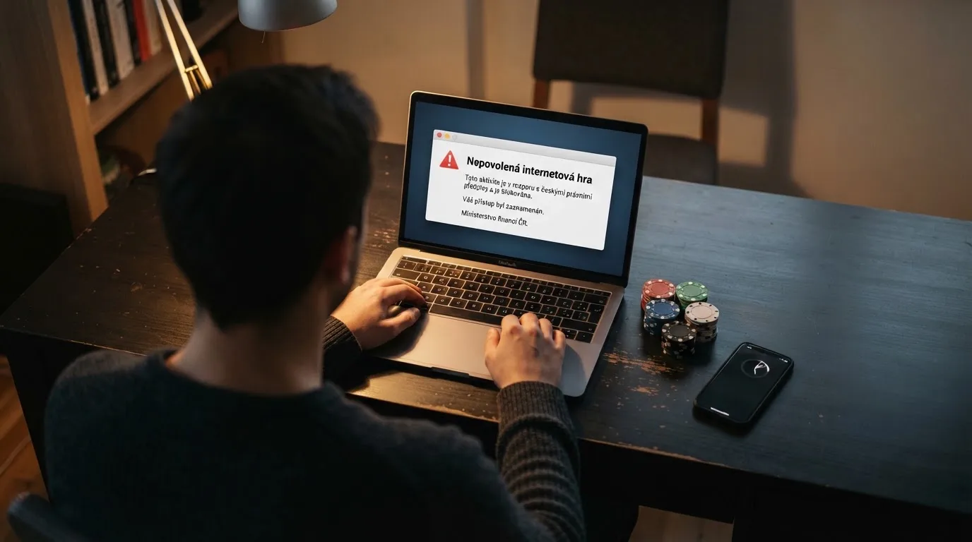 Úřední dokument s razítkem Ministerstva financí ČR na stole, za ním obrazovka s výstražným dialogovým oknem „nepovolená internetová hra“