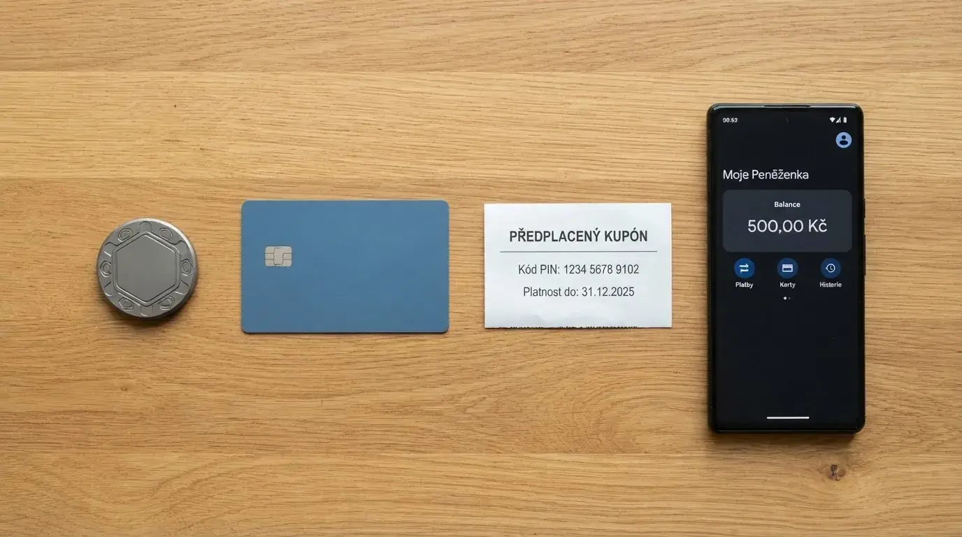 Rozložené platební prostředky na stole – bitcoin mince, platební karta, paysafecard PIN, mobil s otevřenou e-peněženkou – seřazené zleva doprava podle míry anonymity