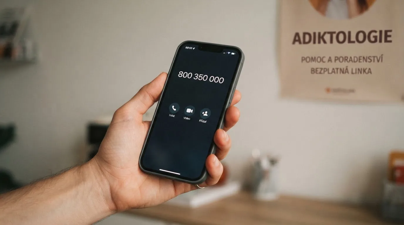 Telefon s vytočeným číslem 800 350 000 na lince pomoci, v pozadí plakát Kliniky adiktologie