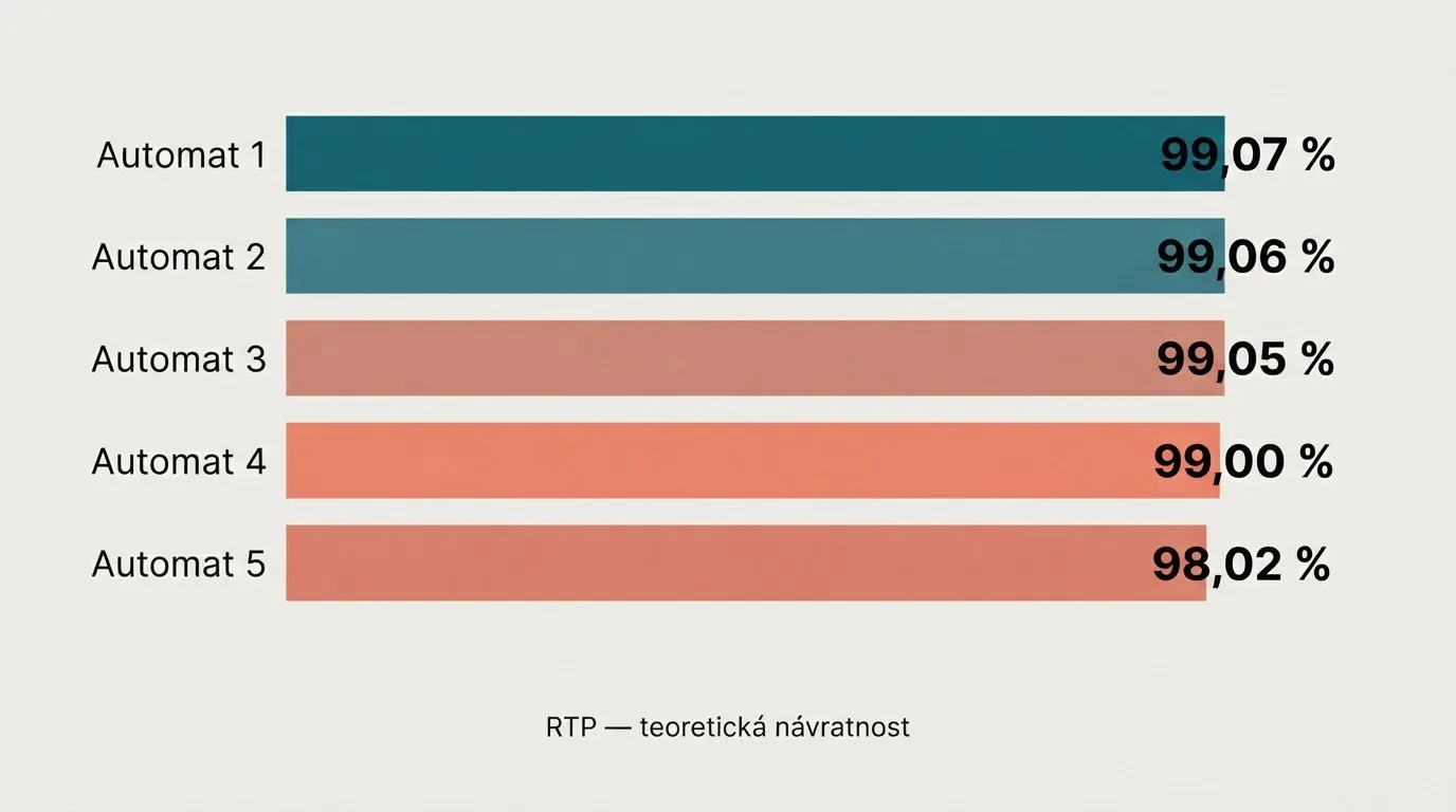 Srovnávací tabulka online automatů s nejvyšším teoretickým RTP v českých online casinech, řazená podle RTP sestupně