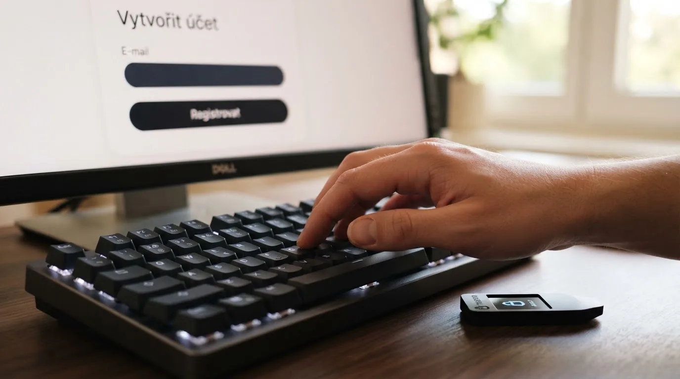 Detail rukou u klávesnice, na monitoru minimalistický registrační formulář s jedním polem, vedle hardwarová krypto peněženka