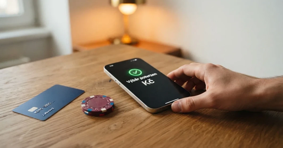 Ruka držící chytrý telefon s obrazovkou ukazující potvrzení výběru z online casina, vedle leží platební karta a česká koruna
