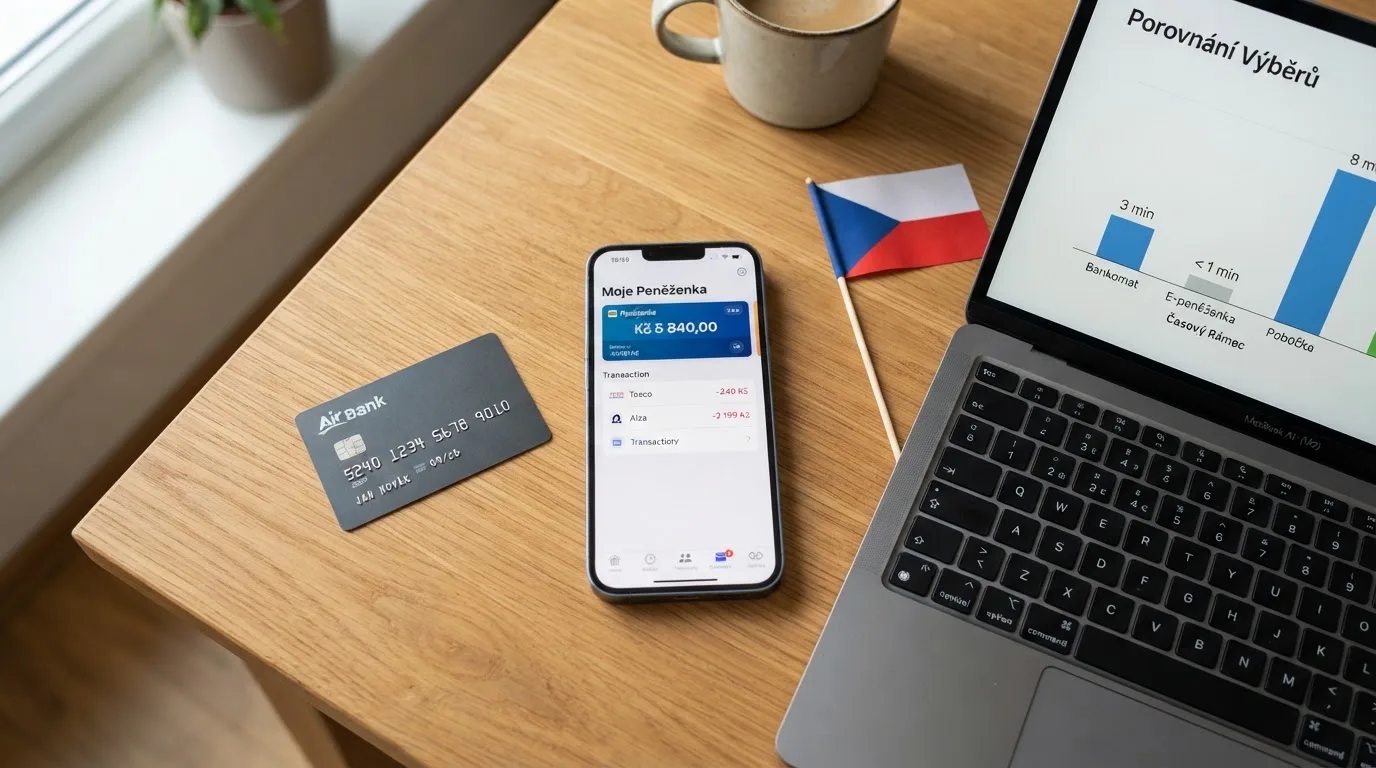 Rozložené platební metody na stole — e-peněženka na mobilu, platební karta, bankovní převod na obrazovce notebooku, v pozadí logo české licence