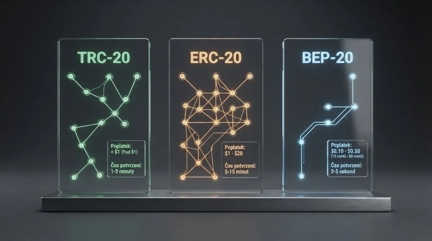 Tři síťové diagramy (TRC-20, ERC-20, BEP-20) s vyznačenými poplatky a časy potvrzení