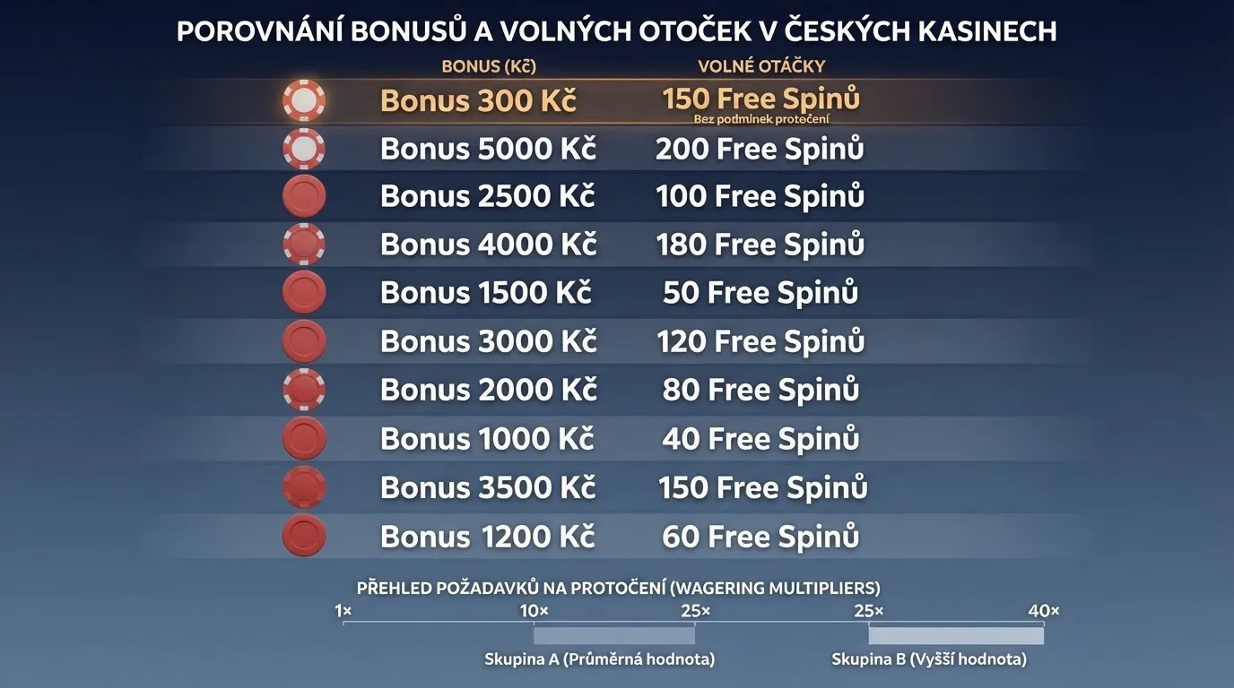 Přehledné srovnání deseti českých online casin podle výše vstupního bonusu bez vkladu, hodnoty zatočení a data získání licence