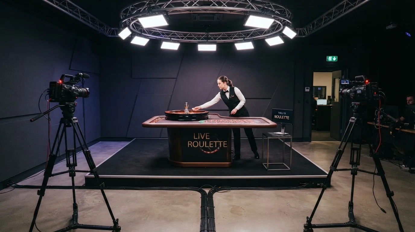 Interiér live studia Evolution v Kajot Intacto Praha — krupiér u rulety, kamery a osvětlení