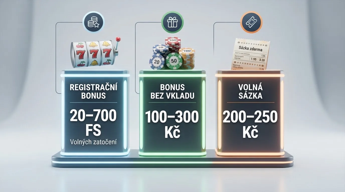 Infografické srovnání tří typů registračních bonusů: volná zatočení, hotovostní bonus, sázka zdarma — každý s ikonou a typickou hodnotou