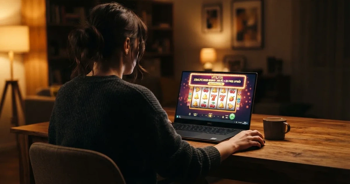 Hráč u obrazovky si prohlíží nabídku bonusu za registraci v online casinu