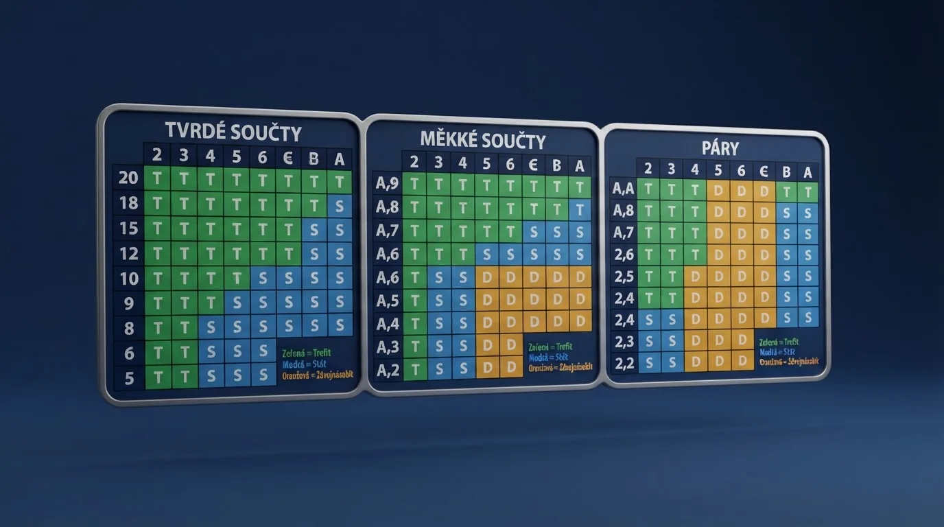Schéma základní strategie blackjacku — tabulka s tvrdými součty, měkkými součty a páry