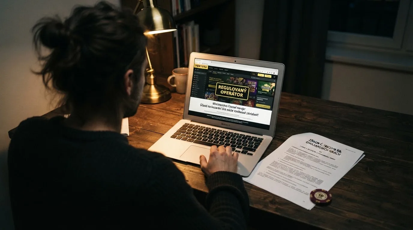 Oficiální dokument Ministerstva financí ČR vedle obrazovky s online kasinem